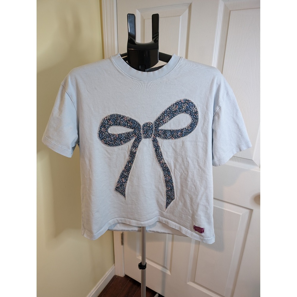 Cotton On‎ T-Shirt Womens Medium Blue Liberty Fabric Floral Bow Beaded Applique